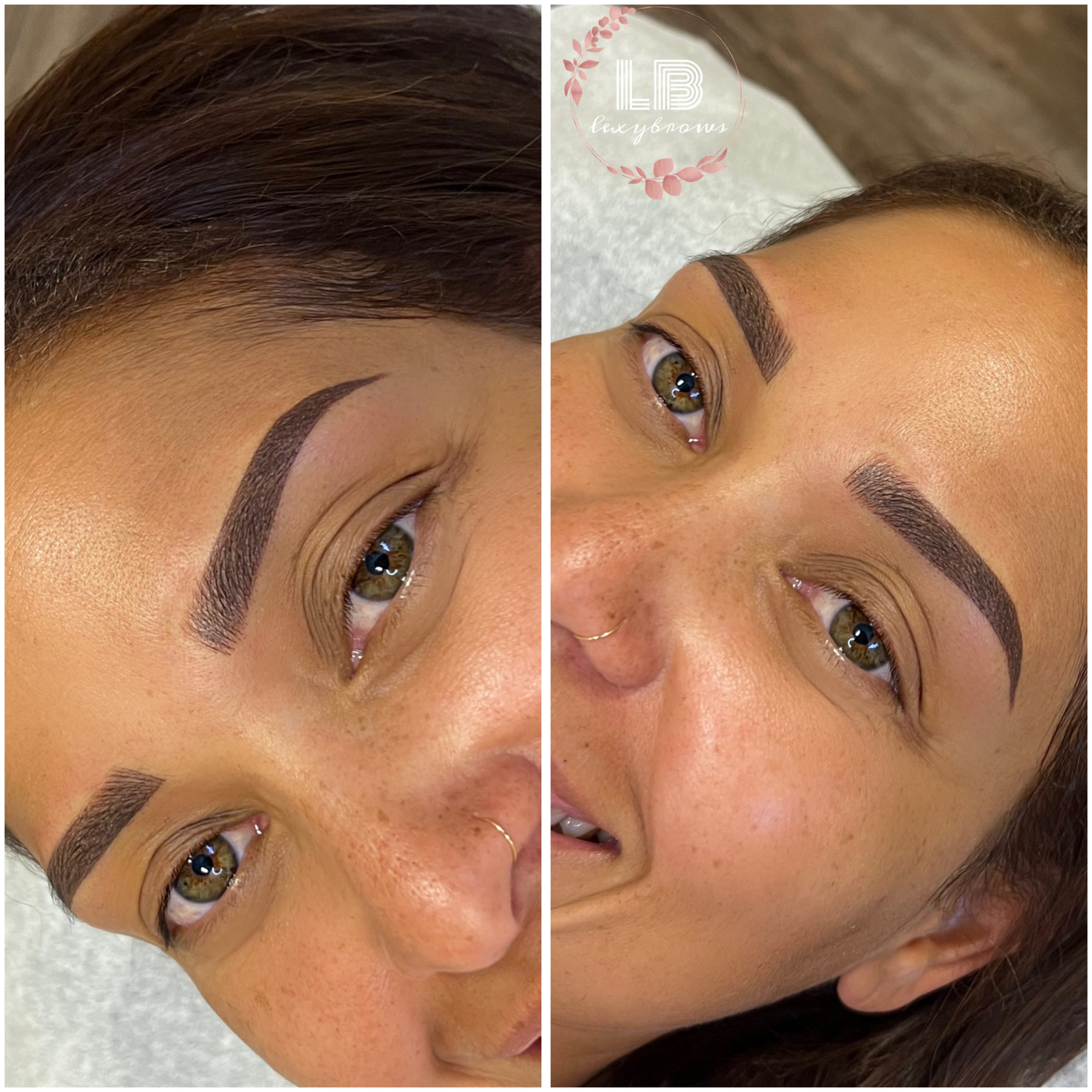 Before and after ombré powder brows — clean, defined look