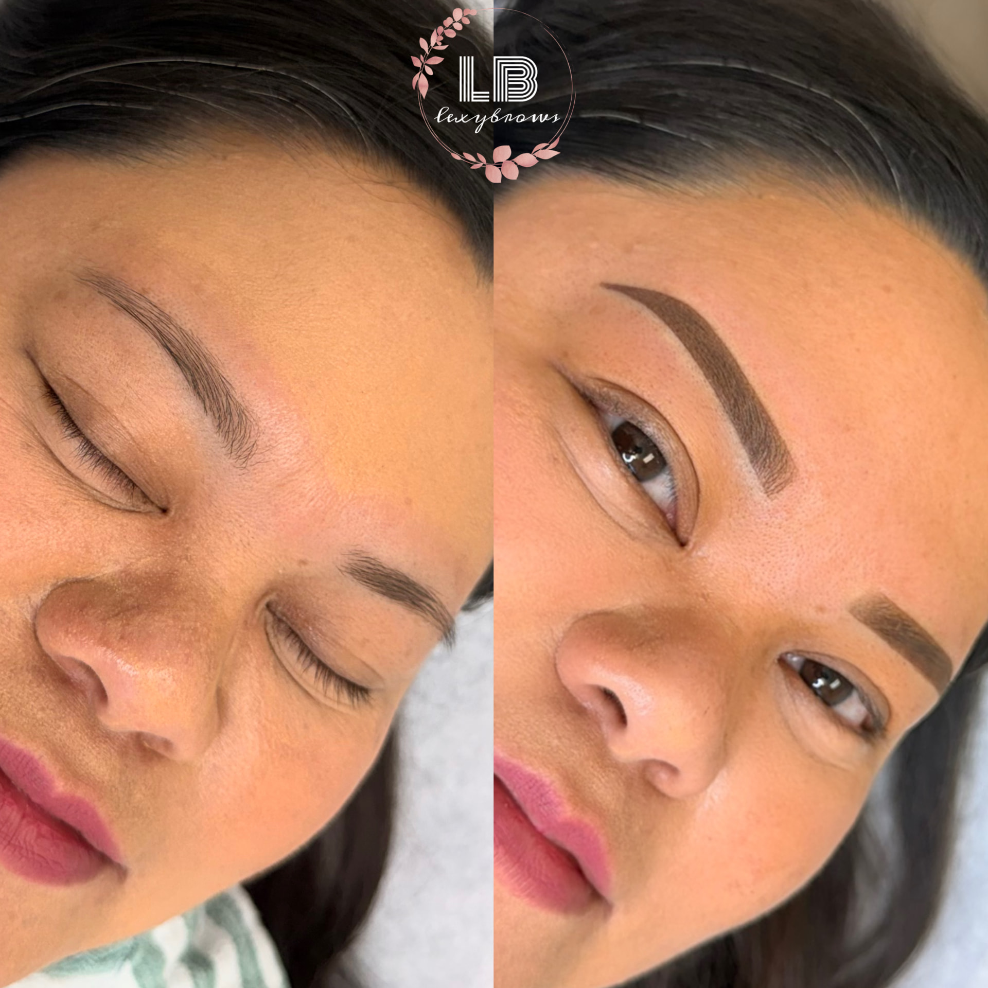 Before and after ombré powder brows — fuller, defined shape