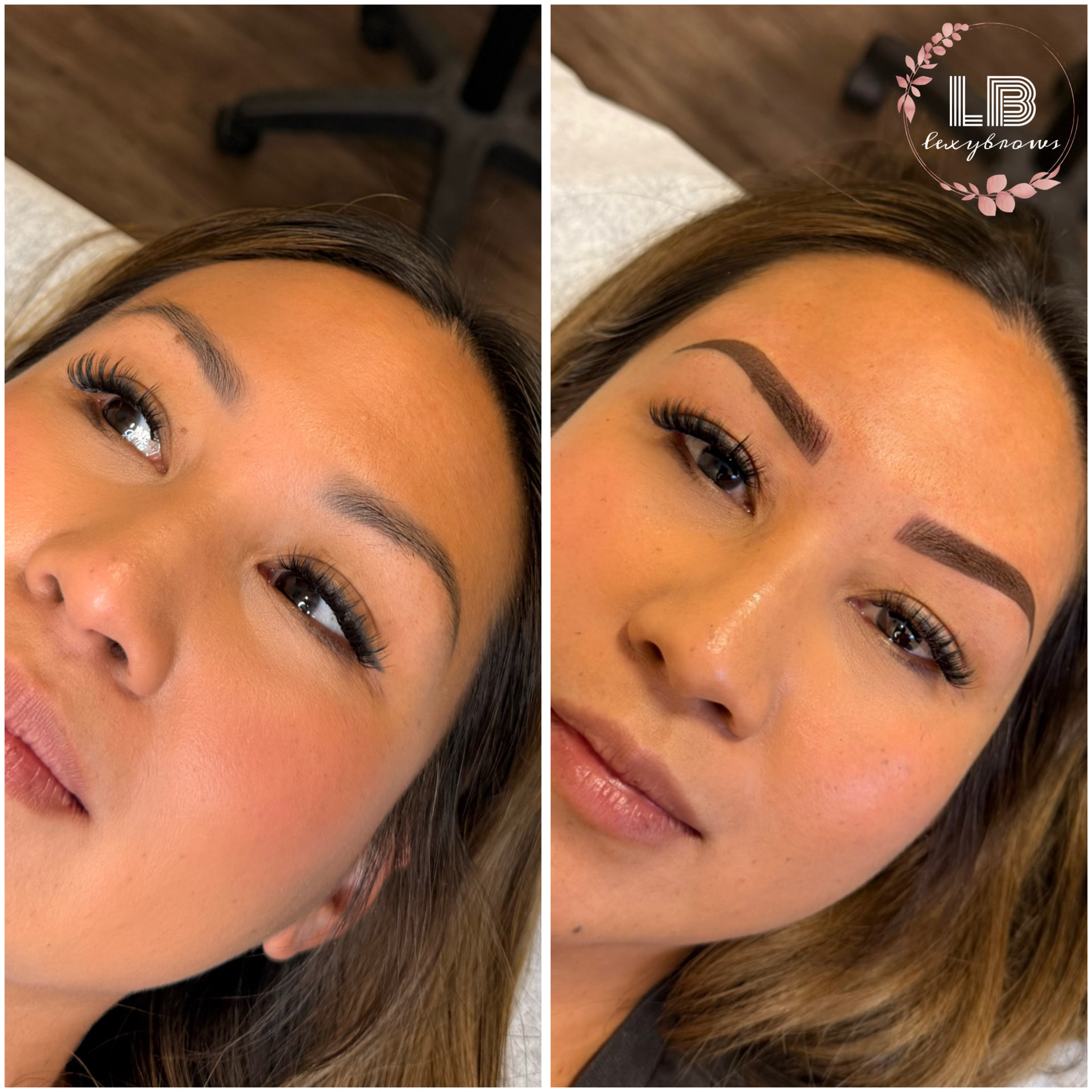 Before and after combination brows — hair strokes plus shading