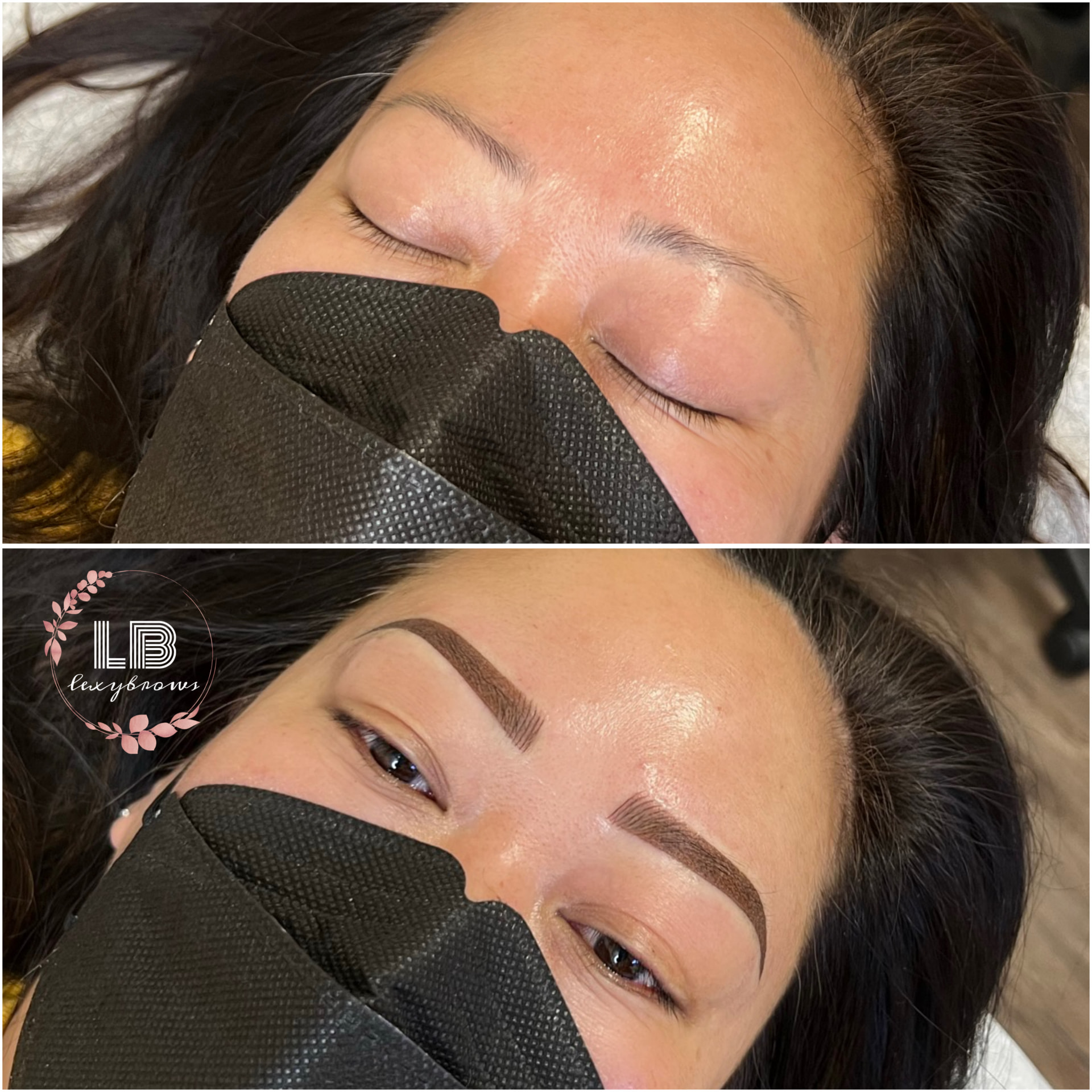 Before and after brow transformation — healed, polished result