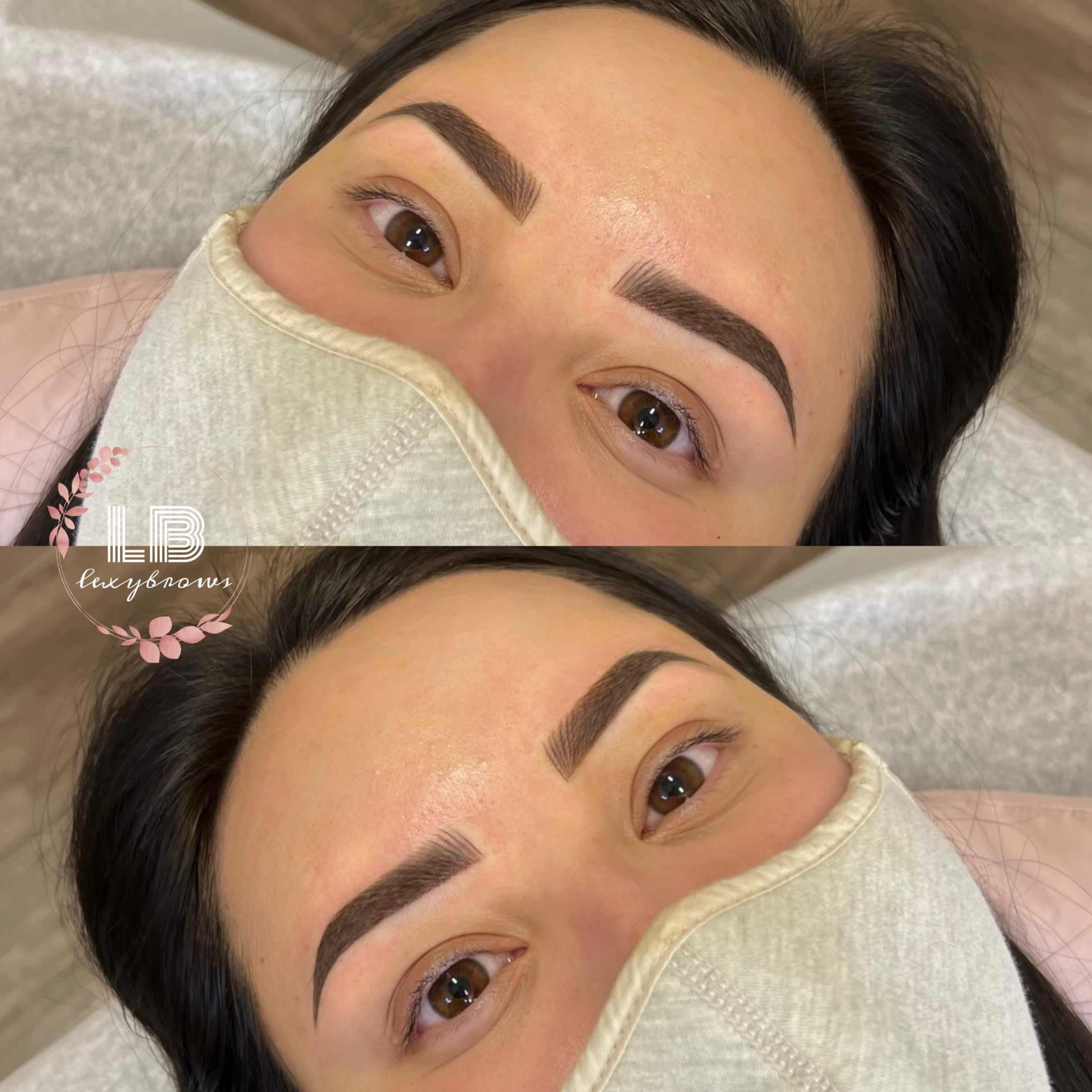 Before and after brow transformation — fuller, symmetrical shape